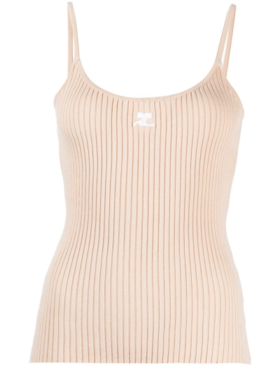 Courrèges Logo-embossed Ribbed-knit Tank Top In Beige