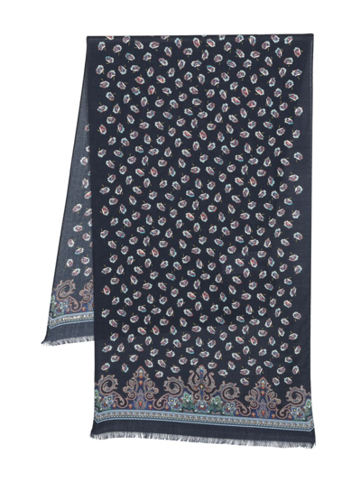 Etro Patterned Floral-print Frayed-hem Scarf In Blue