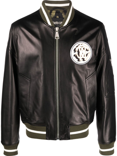 Roberto Cavalli Leather Monogram-patch Bomber Jacket In Black
