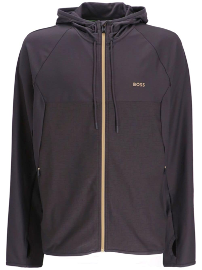 Hugo Boss Logo-print Zip-up Hooded Windbreaker In Grey