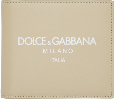 Dolce & Gabbana Calfskin Bifold Wallet With Logo In Beige