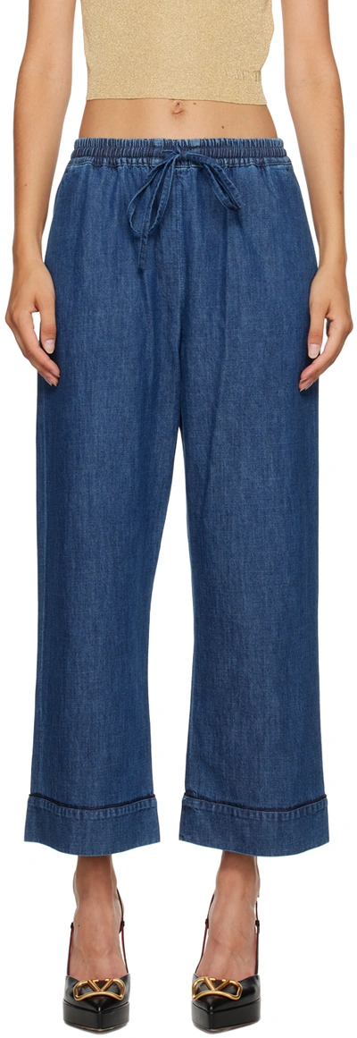 Valentino Drawstring Straight-leg Cropped Trousers In Blue