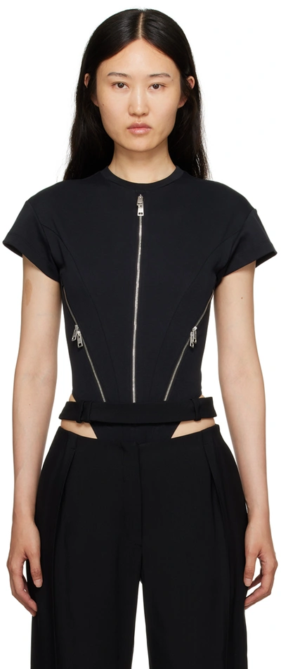 Mugler Zipped Cotton Jersey Bodysuit In Black