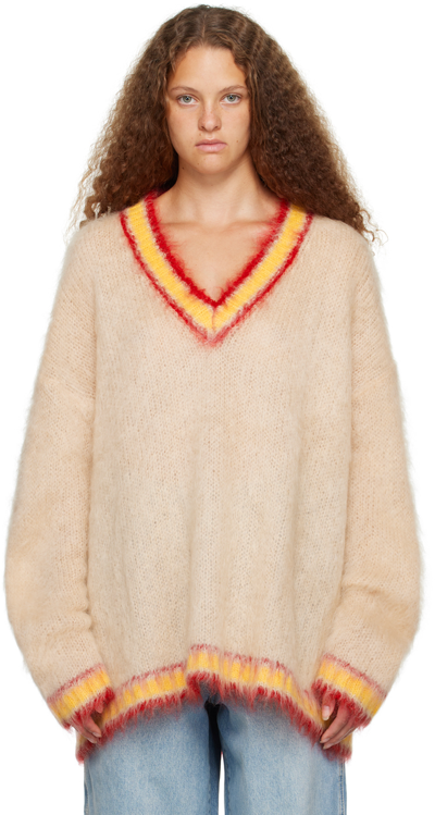 Marni Mohair Blend V Neck Long Sweater In Beige