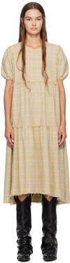R13 Shredded Relaxed Plaid Tiered Cotton Midi Dress In Khaki Overdye Plaid
