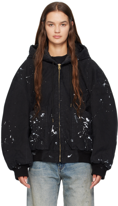 R13 Boxy Paint Splatter Hooded Cotton Canvas Jacket In Black