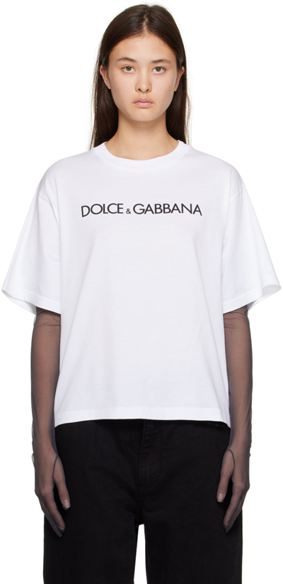 Dolce & Gabbana White Crew-neck T-shirt With Logo In Cotton