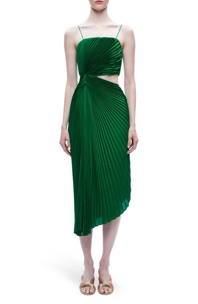 Alice And Olivia Fayeth Pleated Asymmetric Maxi Dress In Deep Sage