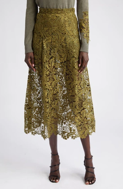 Oscar De La Renta Acorn Guipure-lace Flared Midi Skirt In Olive