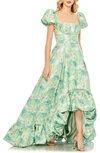 Mac Duggal Floral Print Puff Sleeve High Low Brocade Gown In Spring Green