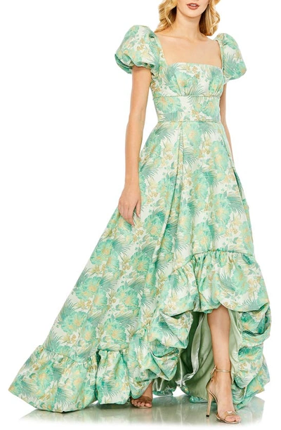 Mac Duggal Floral Print Puff Sleeve High Low Brocade Gown In Spring Green |  ModeSens