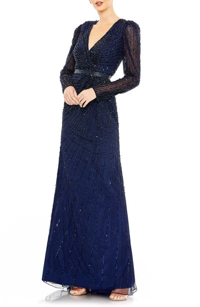 Mac Duggal Sequin Long Sleeve Faux Wrap Gown In Midnight