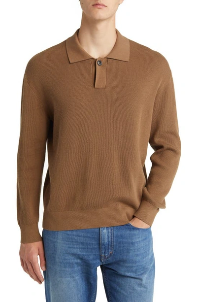 Closed Rib Long Sleeve Cotton, Wool & Cashmere Blend Polo In Brown_sugar