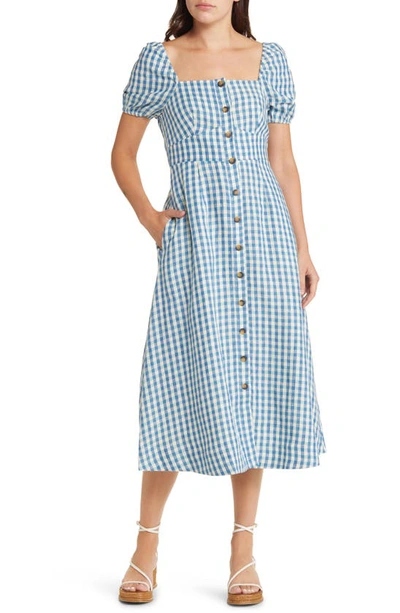 Boden Check Puff Sleeve Linen A-line Midi Dress In Blue Gingham