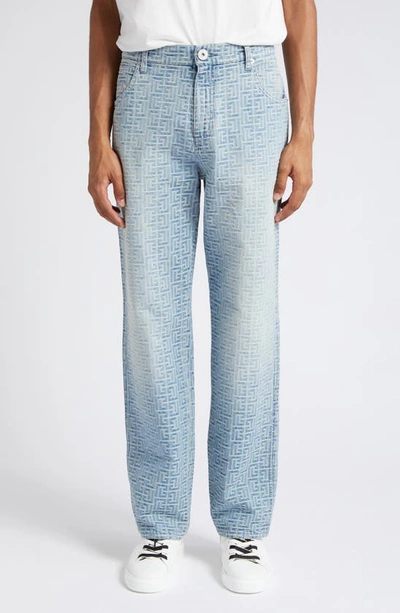 Balmain Monogram-jacquard Straight-leg Jeans In Blue