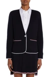 THOM BROWNE STRETCH VIRGIN WOOL COLLARLESS JACKET