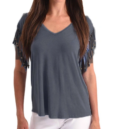 Angel Stone Wash Cut Out Fringe Beaded Sleeve Top In Charcoal In Grey