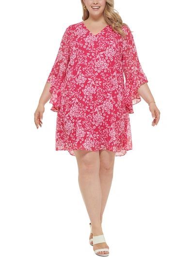 Calvin Klein Plus Womens Floral Knee Shift Dress In Pink