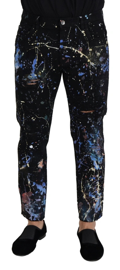 Dolce & Gabbana Black Cotton Color Splash Print Denim Jeans