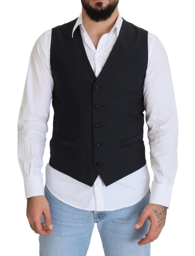 Dolce & Gabbana Dark Blue Wool Stretch Waistcoat Formal Vest