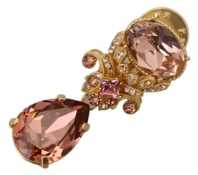 Dolce & Gabbana Gold Tone Brass Crystal Jewelry Dangling Pin Brooch In Gold And Pink