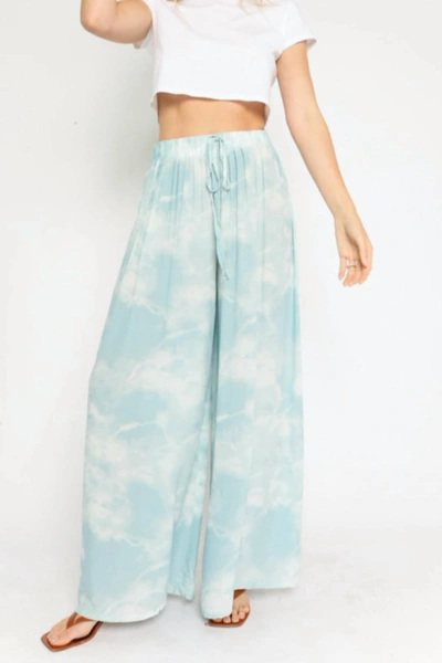 Olivaceous Wide Leg Drawstring Pant In Blue Tie Dye In Green