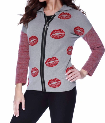 Angel Kisses Me Hooded Cardigan In Gray/red In Grey
