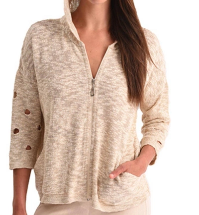 Angel Crochet Cut Out Hooded Zip Cardigan In Sand In Beige