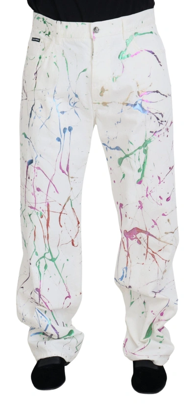 Dolce & Gabbana White Cotton Color Splash Print Denim Pants