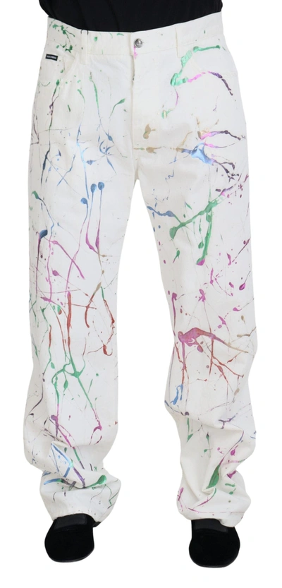 DOLCE & GABBANA DOLCE & GABBANA CHIC WHITE SPLASH PRINT DENIM MEN'S PANTS