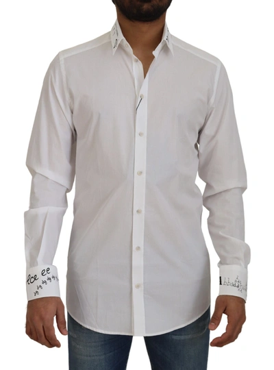 Dolce & Gabbana White Printed Cotton Slimfit Dress Gold Shirt
