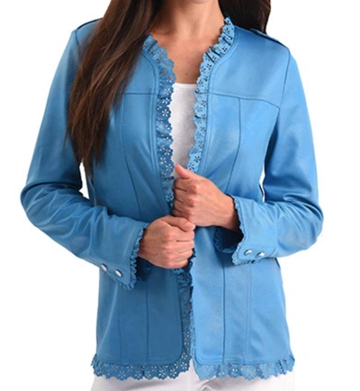 Angel Microfiber Leather Laser Cut Open Jacket In Turquoise In Blue
