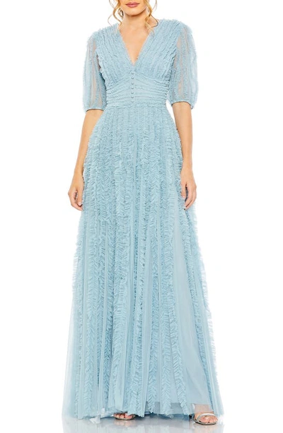 Mac Duggal V Neck Puff Sleeve Ruffle Tiered A Line Gown In French Blue