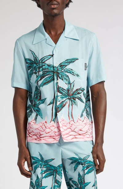 Palm Angels Palms Row Button-up Bowling Shirt In Cyan