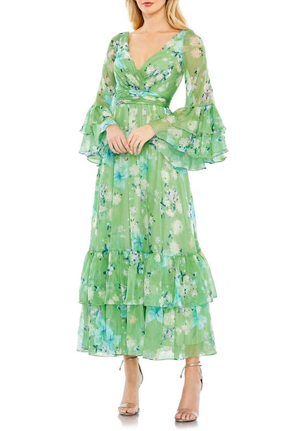 Mac Duggal Floral Print Chiffon Wrap Flounce Sleeve Dress In Green Multi