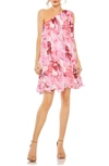 Mac Duggal Floral Print One Shoulder Flowy Mini Dress In Pink Multi