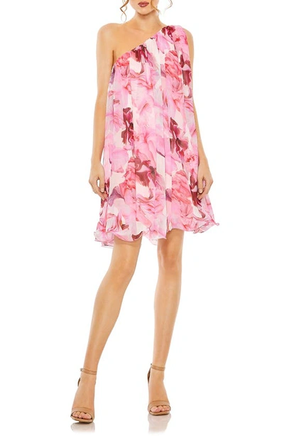 Mac Duggal Floral Print One Shoulder Flowy Mini Dress In Pink Multi