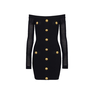 Balmain Button-front Off-the-shoulder Mesh-sleeve Mini Dress In Black