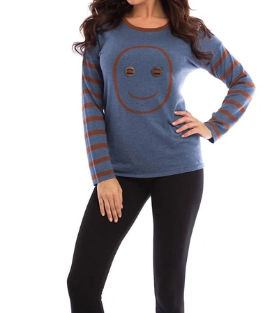 Angel Wood Button Smiley Face Pullover In Denim/mocha In Blue