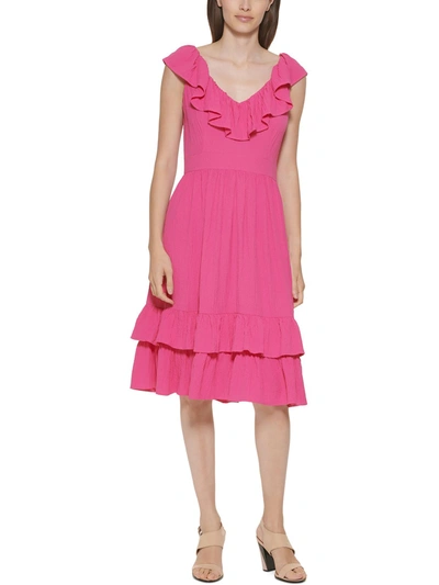 Calvin Klein Womens Ruffled V-neck Fit & Flare Dress In Pink