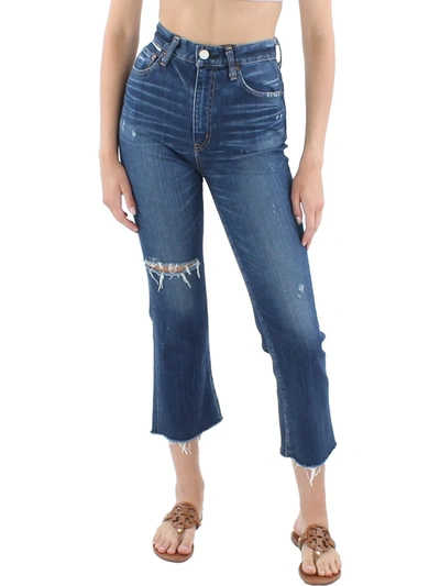Moussy Vintage Womens Flared Leg Distressed Cropped Jeans In Blue