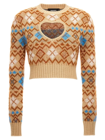 DSQUARED2 HEART VINTAGE SHETLAND SWEATER, CARDIGANS BEIGE