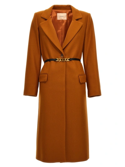 Twinset Single-breasted Belted Coat In Orange
