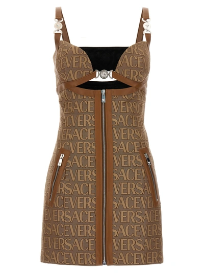 Versace Embellished Leather-trimmed Cutout Canvas-jacquard Mini Dress In Beige