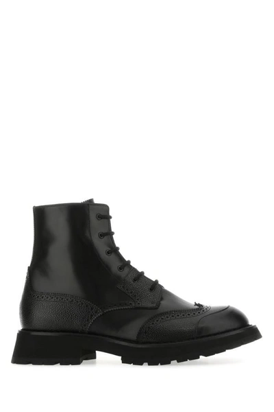 Alexander Mcqueen Man Black Leather Punk Worker Ankle Boots