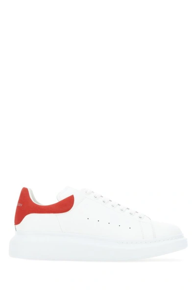 Alexander Mcqueen Man White Leather Trainers With Red Suede Heel