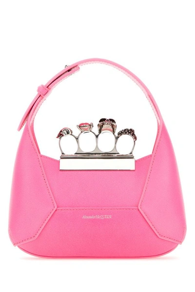 ALEXANDER MCQUEEN ALEXANDER MCQUEEN WOMAN FLUO PINK LEATHER MINI JEWELLED HOBO HANDBAG