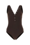 Bottega Veneta Backless V-neck Swimsuit In Stretch Nylon With Button Accents In Brown