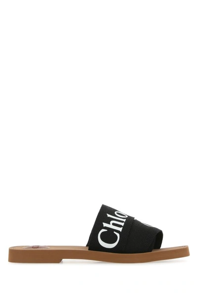 CHLOÉ CHLOE WOMAN BLACK LINEN WOODY SLIPPERS