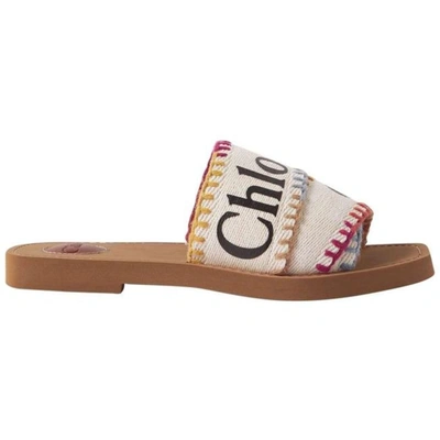 Chloé Chloe Women White Woody Embroidered Logo-print Canvas Slides Sandals In Brown